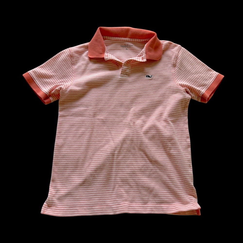 Vineyard Vines Boys Coral Pink White‎ Striped Polo Shirt Size Large L 14-16 Pima